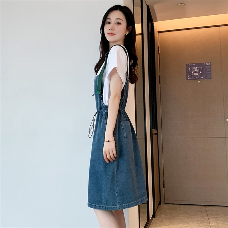 背带裙套装韩版通勤牛仔裙女夏新款连衣裙印花套头休闲韩版中长款,女装连衣裙,梦懿尔