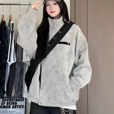 J509-P75设计感金属飞机扣扎染皮革夹克男女2025秋季宽松美式，男装夹克，电商B323A