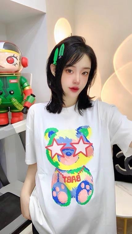 新款百搭减龄彩色五角星小熊发泡印花宽松显瘦短袖T恤,女装T恤,L·H·X