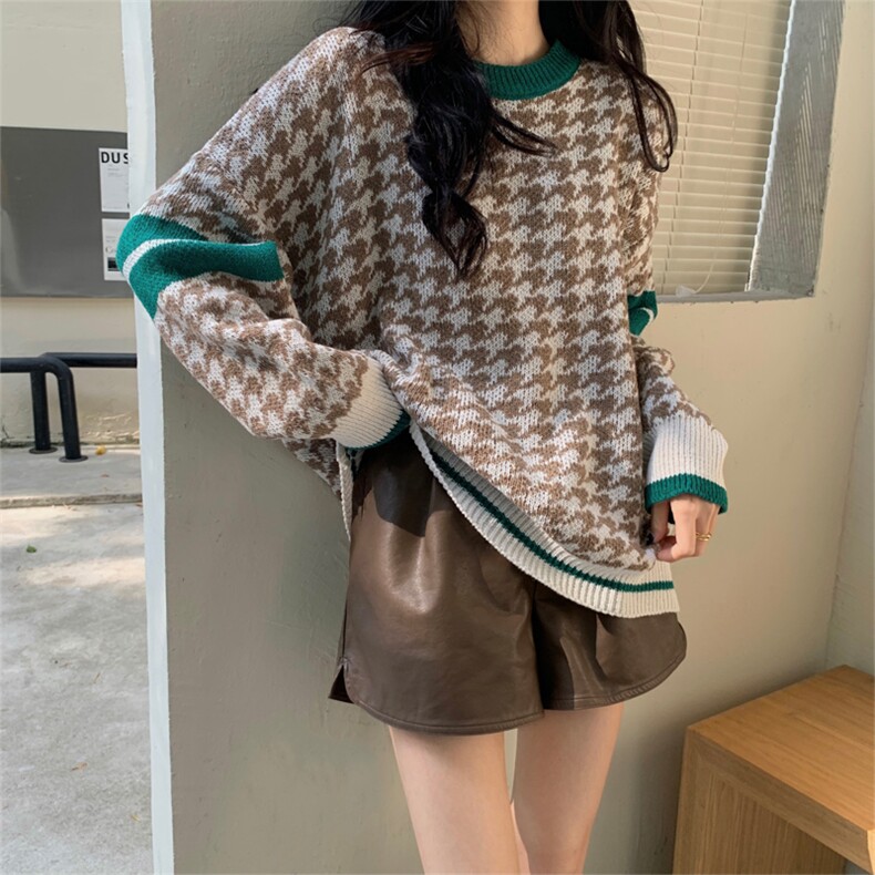 秋冬新款圆领撞色拼色套头长袖毛针织衫毛衣女,针织衫/毛衣,潮品会