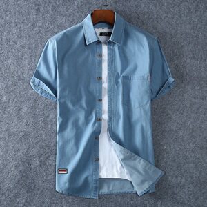 XL-8XL夏薄男装休闲纯棉牛仔短袖衬衫竹节牛仔半袖衬衣1183款图片