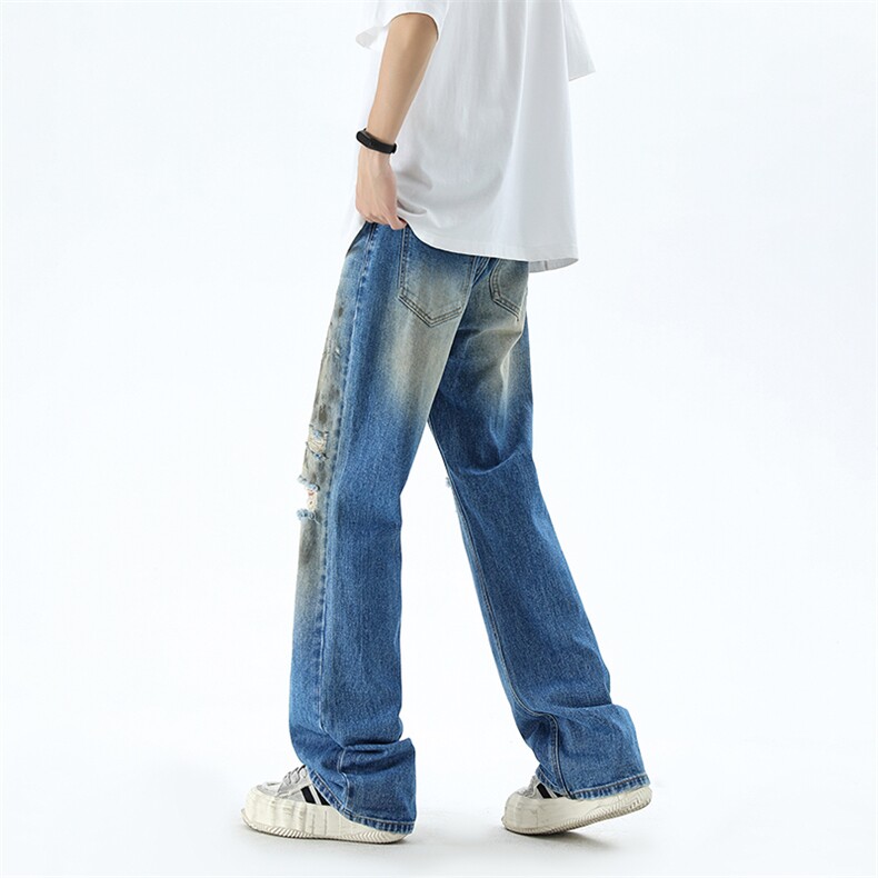 B221美式ins高街暗黑宽松直筒破洞喷墨乞丐牛仔裤LK24200-P60控78,男装牛仔裤,电商B221
