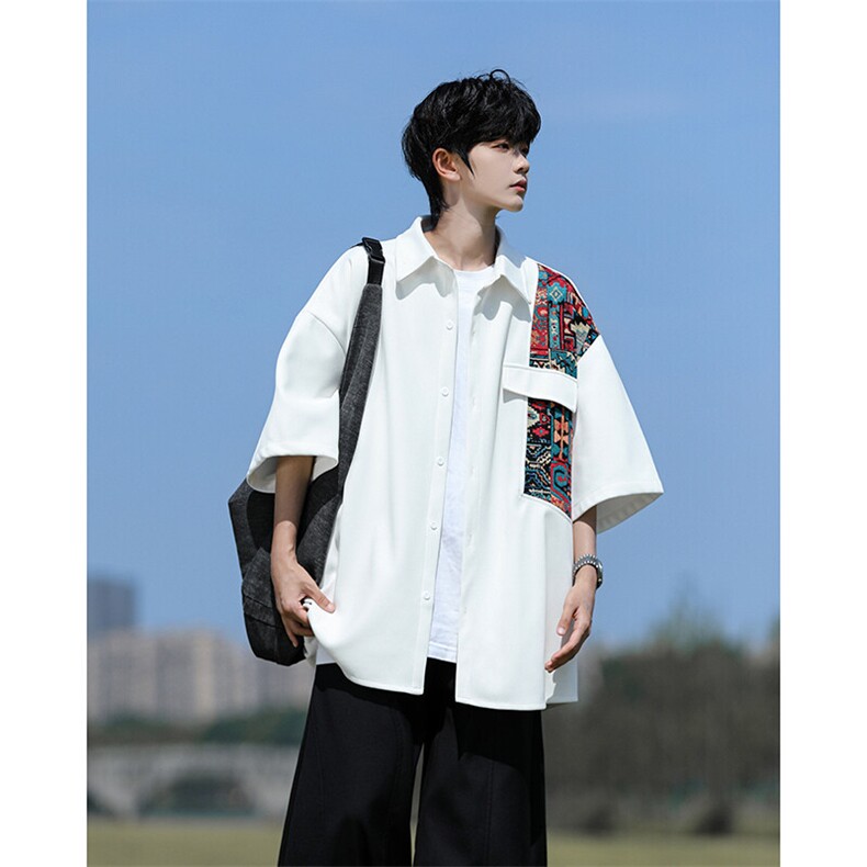 8XL-M民族风拼接短袖衬衫男夏季痞帅半袖衬衣薄款外套DC28009P45,男装衬衫,电商B312