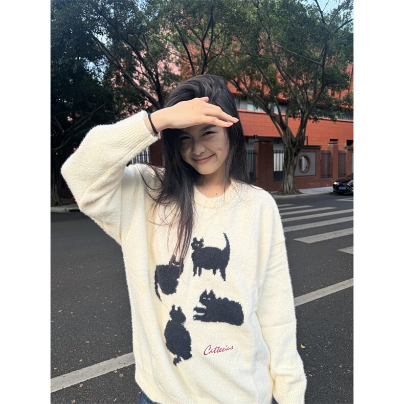 猫咪剪影仿水貂绒毛衣女慵懒高级感圆领宽松针织上衣M5201,男装针织衫/毛衣,星座1116A（原606A-3）