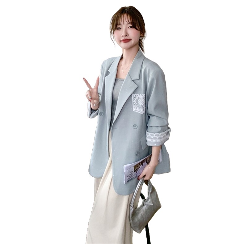 小香风蕾丝拼接西装外套女2025春季新款气质显瘦百搭休闲西服上衣,女装西装,1D103