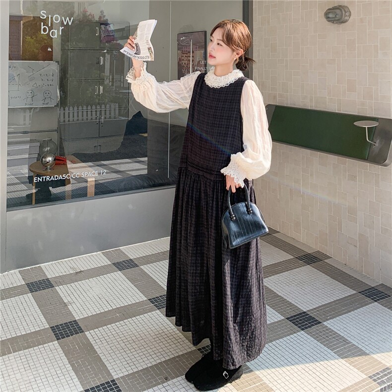 秋装2025新款韩系chic高级感黑色背心连衣裙叠穿蕾丝拼接衬衫套装,女装套装/套裙,2C375