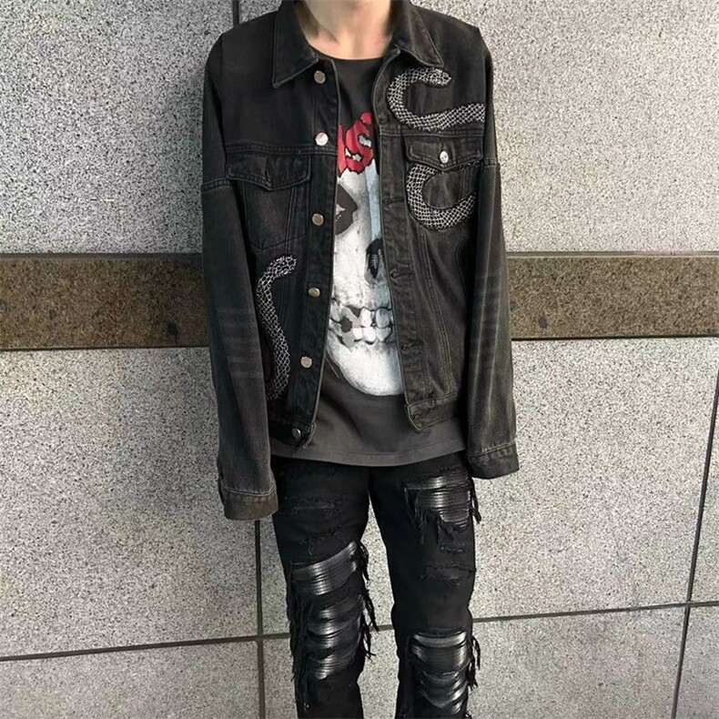 时尚黑色牛仔外套男潮牌欧美街头大码宽松工装夹克韩版潮流上衣服,男装工装外套,星座601-1