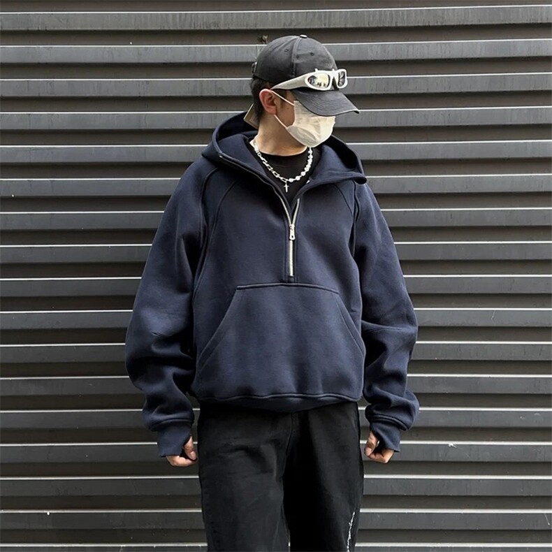 抖音得物二开美式重磅宽松结构拉链设计防风高领连帽卫衣外套W76,男装卫衣,电商A486-1