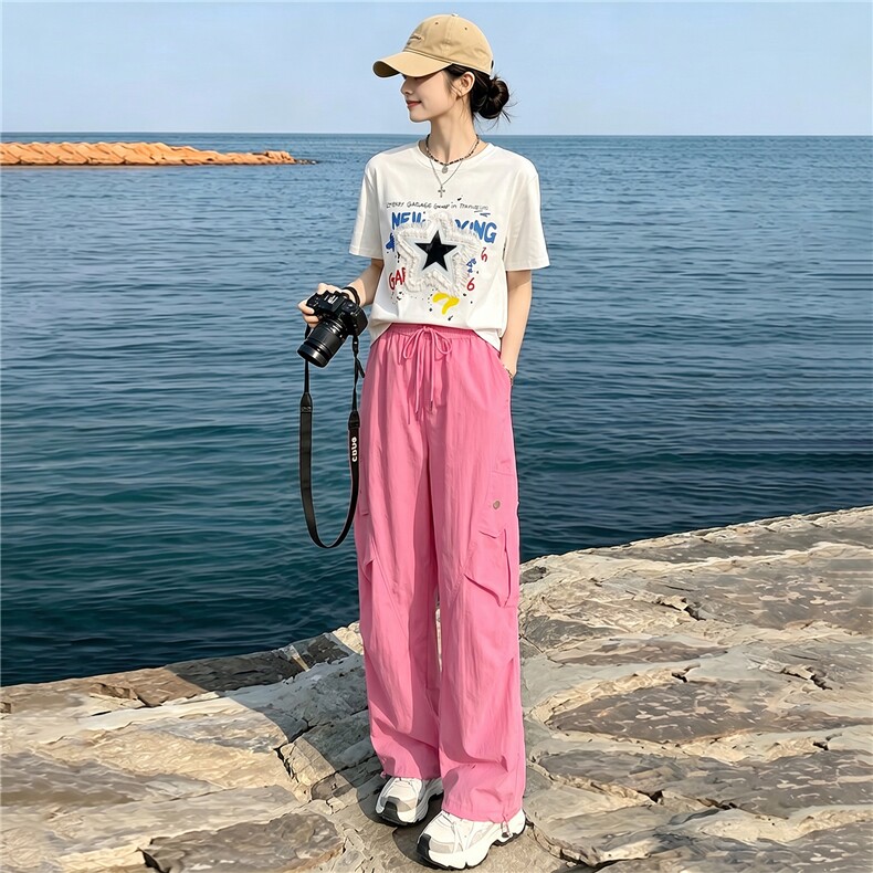 韩版休闲时尚套装女夏款个性简约圆领星星印花上衣工装长裤两件套,女装套装/套裙,江南