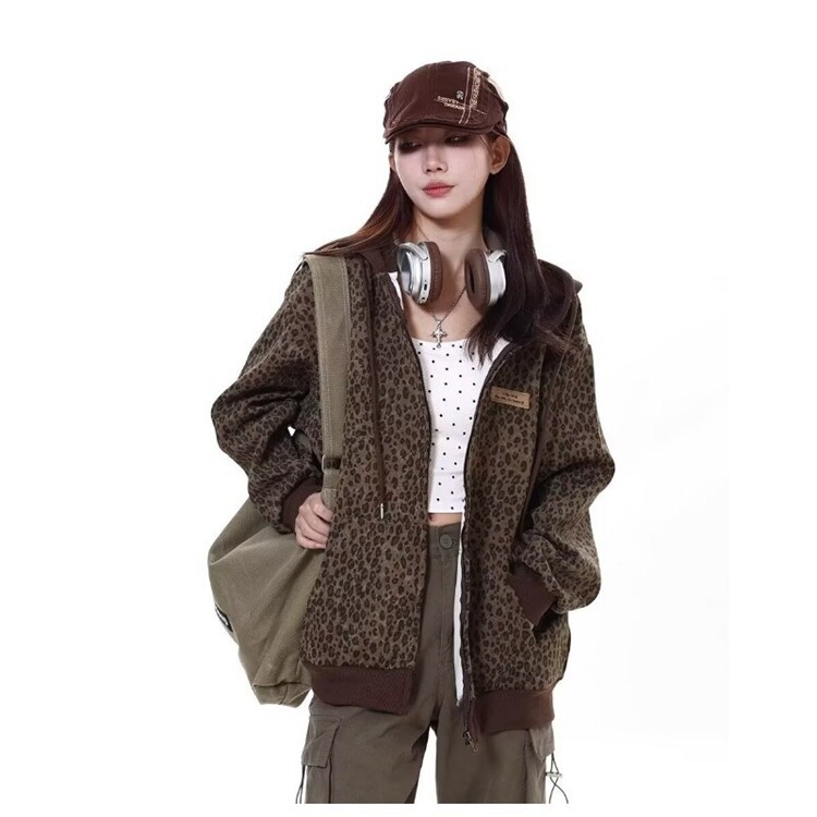 情侣装秋冬2025新款ins超火美式复古豹纹开衫卫衣外套女法式夹克,男装夹克,星座218-8