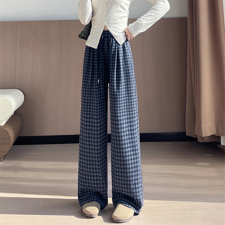 休闲直筒高腰复古格子裤女宽松抽绳阔腿慵懒风加长阔腿裤,女装休闲裤,云美莎专业女裤-全店现货