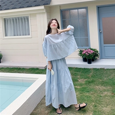 蓝色流行漂亮娃娃衫半身裙套装女夏2025新款独特绝美高级感两件套，女装套装/套裙，2C086