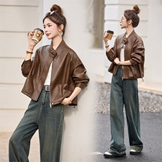 海宁2025新款气质时尚百搭拉链皮衣外套女高级感立领夹克，女装皮衣，跑量工厂店