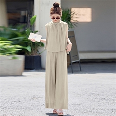 2025夏季新款时尚套装女高级感韩气无袖上衣高腰显瘦阔腿裤两件套，女装套装/套裙，布依丽人