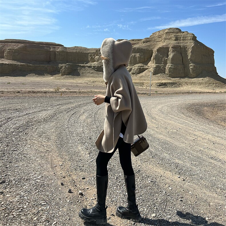 魔女斗篷！奢华狐狸毛领双面纯羊毛大衣女气质秋冬高端羊绒呢外套,女装双面呢大衣,蒙绒特