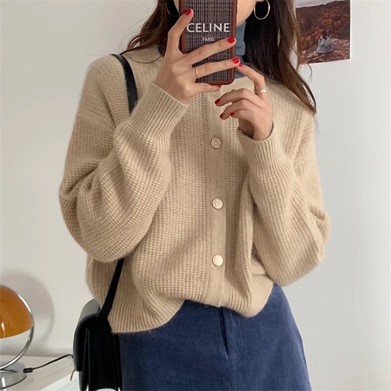 长袖针织开衫女简约短款百搭纯色羊毛休闲外套上衣,女装羊毛衫,思途羊绒