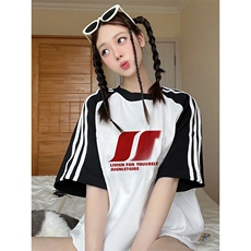 夏季美式高街重磅纯棉三条杠织带插肩撞色男女短袖T恤CZ60-特P25，男装T恤，电商A486