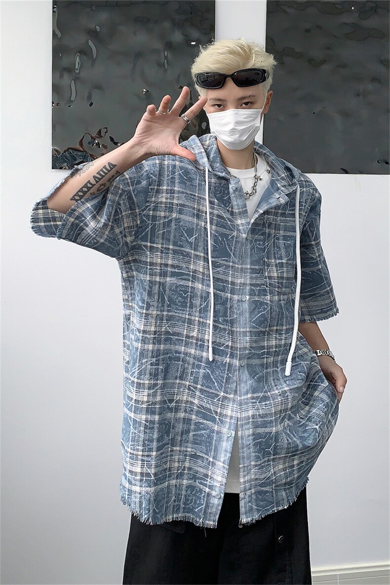 美式复古格纹连帽短袖衬衫男女街头宽松夏季新款毛边上衣潮牌,男装衬衫,星座505-2（原电商A260-1)