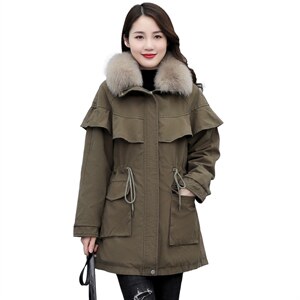 冬季修身长袖连帽百搭大真狐狸毛领加绒拉链收腰抽绳派克服女外套图片