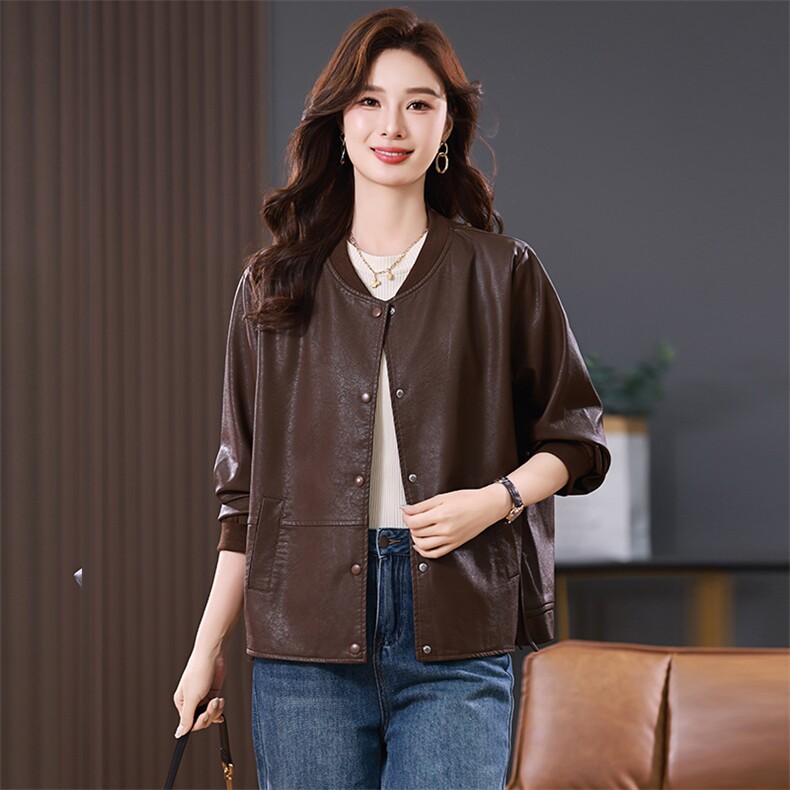 皮衣外套女短款2025年新款春季棒球领上衣，女装皮衣，忆绮罗