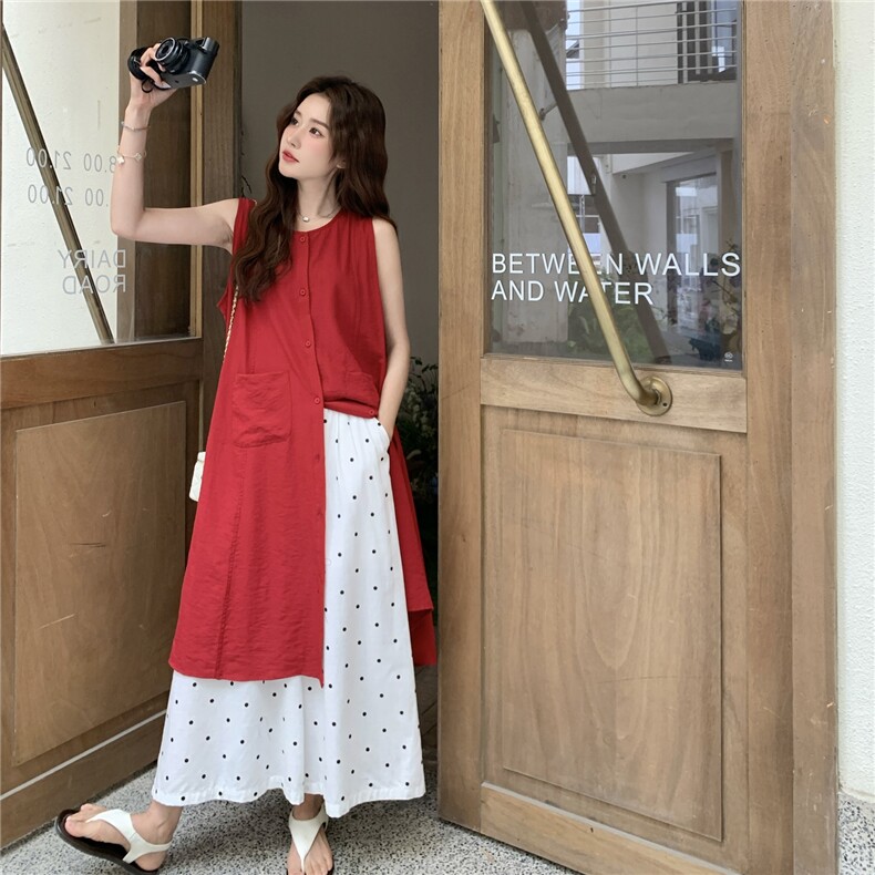 红色无袖衬衫叠穿连衣裙女夏波点阔腿裤两件套装裙巨好看超火爆款,女装套装/套裙,蝶眷