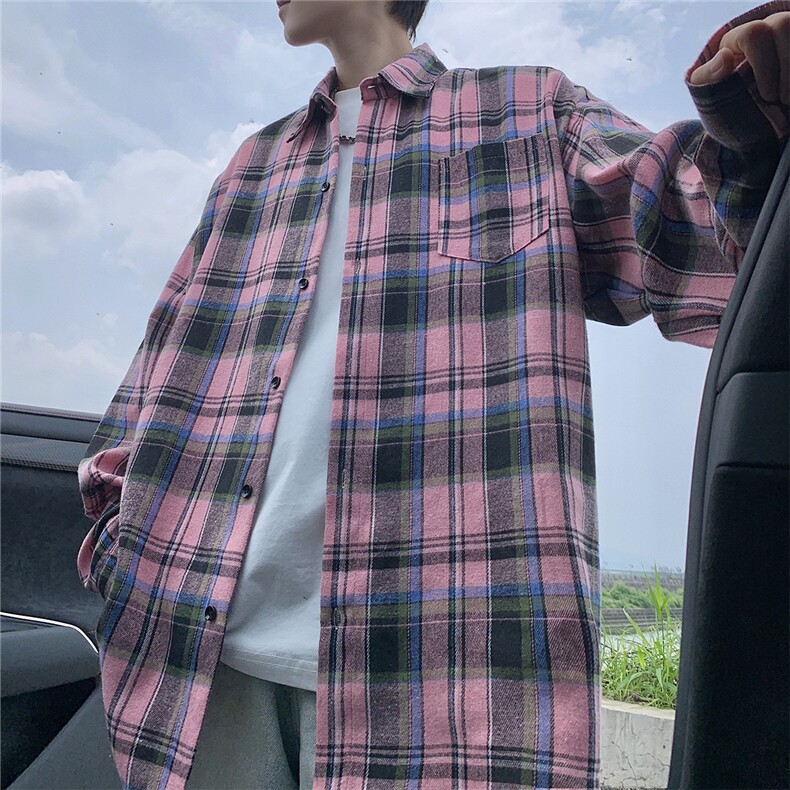 现货~格子大码长袖衬衫C5908/特P23粉格,男装衬衫,电商A094