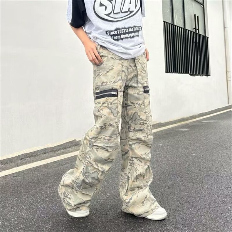 口袋拉链设计工装迷彩裤潮流街头嘻哈宽松垂感阔腿裤AAM128P62,男装工装外套,星座1013-5