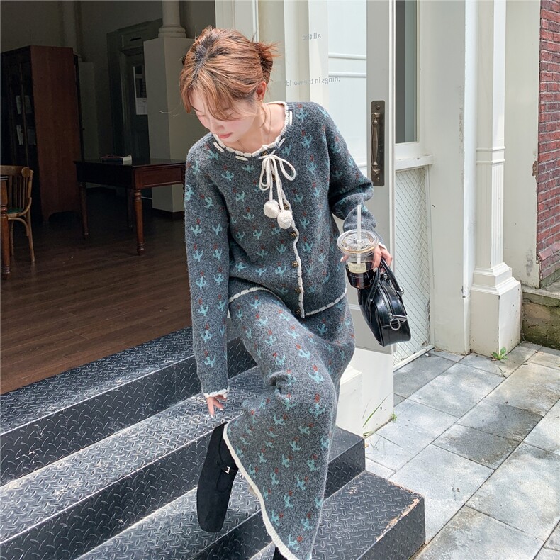 花朵系带软糯开衫+半身裙两件套装2C267-930-P125K218,女装套装/套裙,茵姿媚