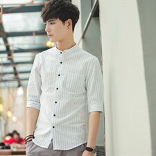 2022文艺条纹衬衫男短袖韩版潮流五分袖衬衣七分袖男士T11P40，男装T恤，电商B413