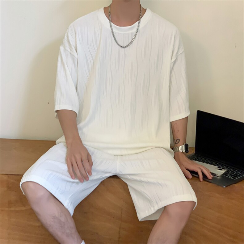 TZ65859/P65高品质波浪冰丝垂感T恤短裤套装男宽松大码两件套控98图片
