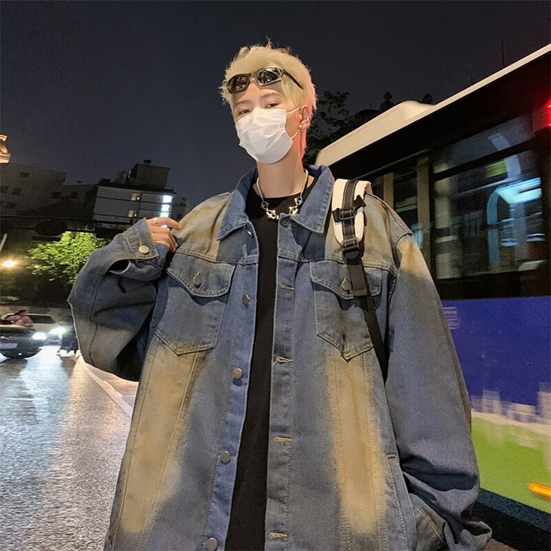 废土风复古混色牛仔外套男重磅做旧宽松直筒牛仔裤套装2181/P68图片