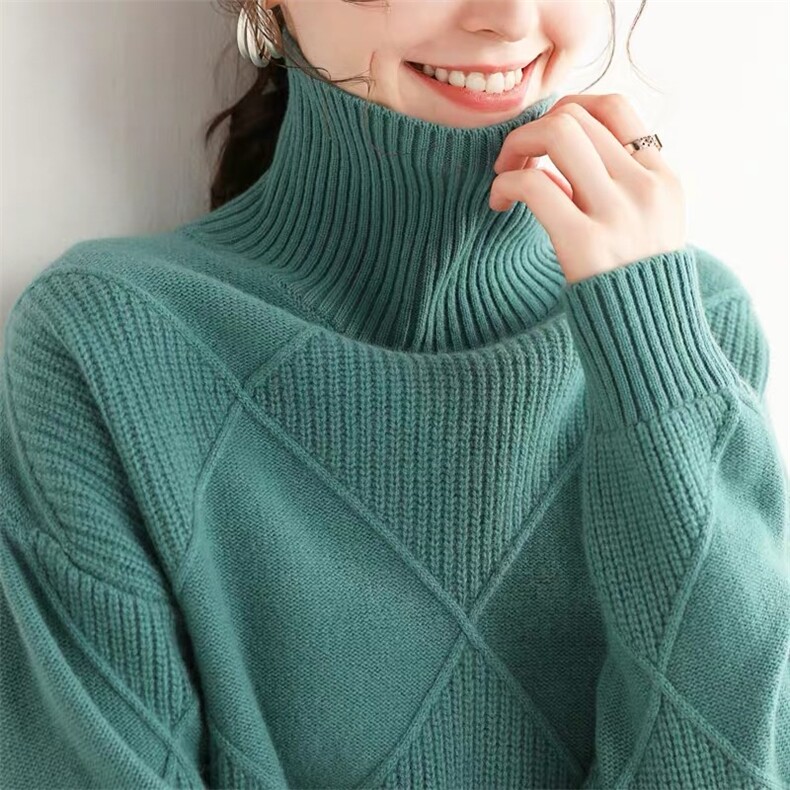 秋季款毛衣女高领套头菱形羊毛衫百搭纯色宽松慵懒打底衫套衫加厚,针织衫/毛衣,美莎羊绒