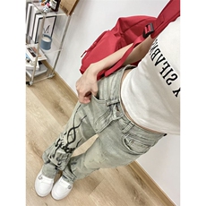 【有货】美式高街黄泥色牛仔裤男女直筒火焰残影裤子NZ05HH-特P58，男装牛仔裤，星座1007（原301D）