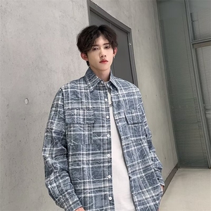 美式复古格子防晒长袖衬衫女春夏宽松百搭外套情侣衬衣男 C40图片