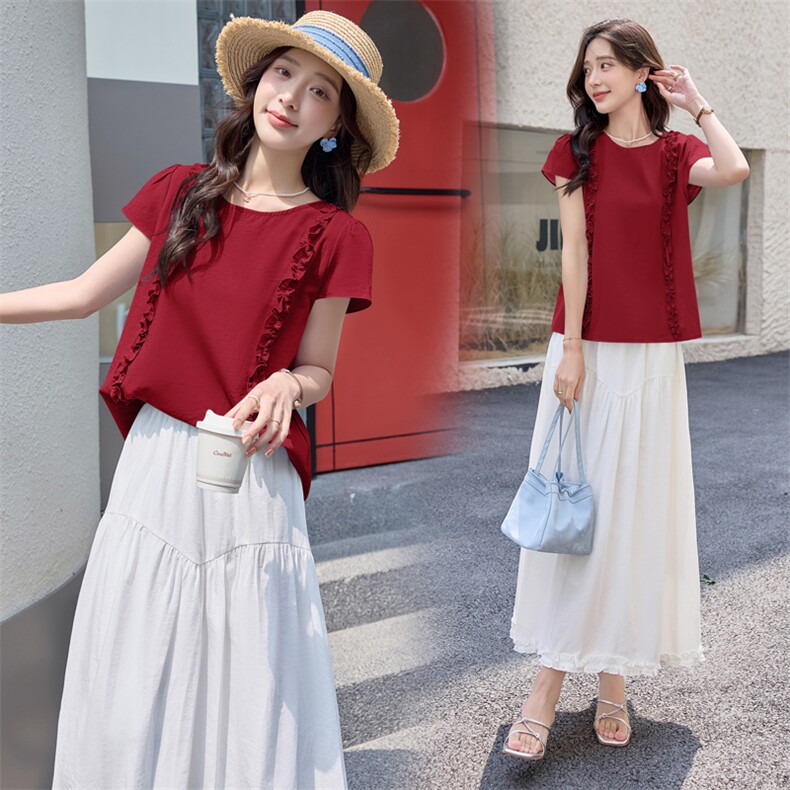 BAO款法式褶皱木耳花边飞飞袖麻料衬衣小个子小衫半身裙两件套，女装套装/套裙，潮流依族