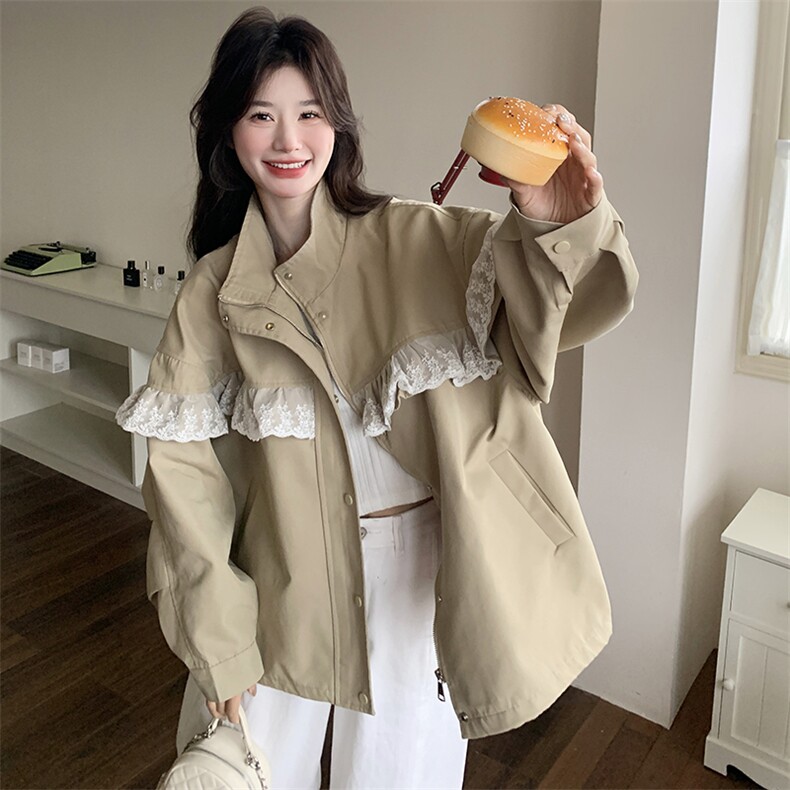 卡其色韩系气质蕾丝花边立领外套女秋高级感穿搭小个子减龄夹克图片