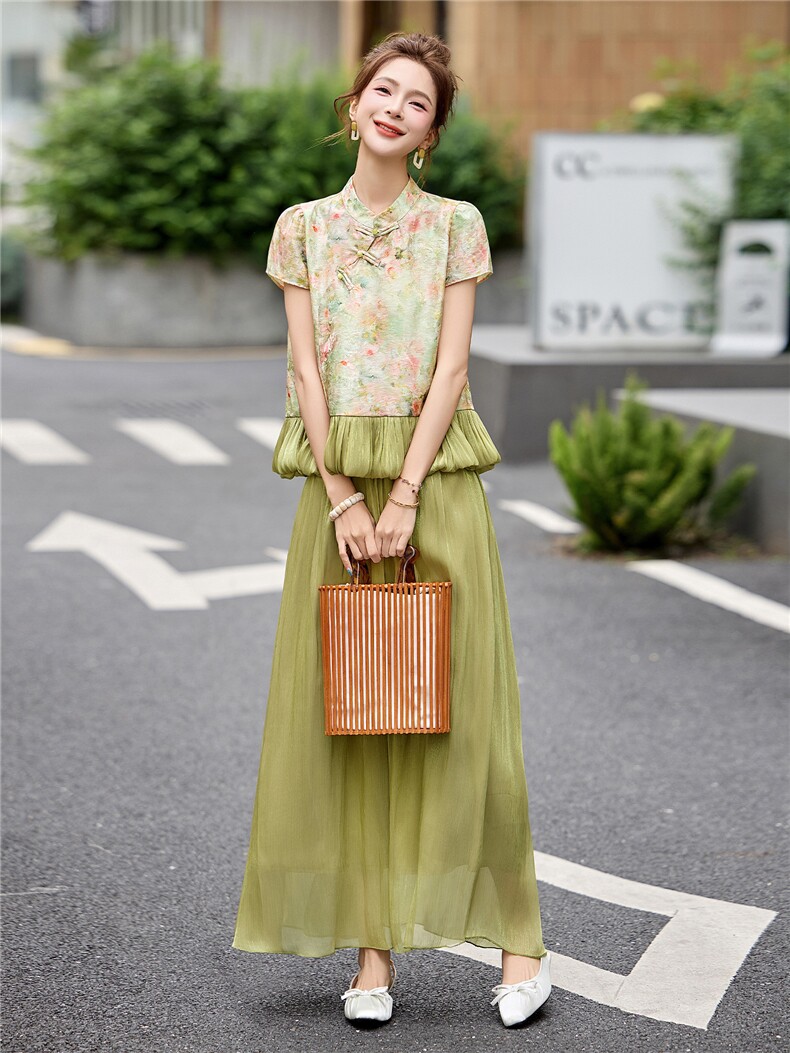 新中式g风提花人丝盘扣宽松上衣流光纱半裙两件套,女装套装/套裙,采品优优