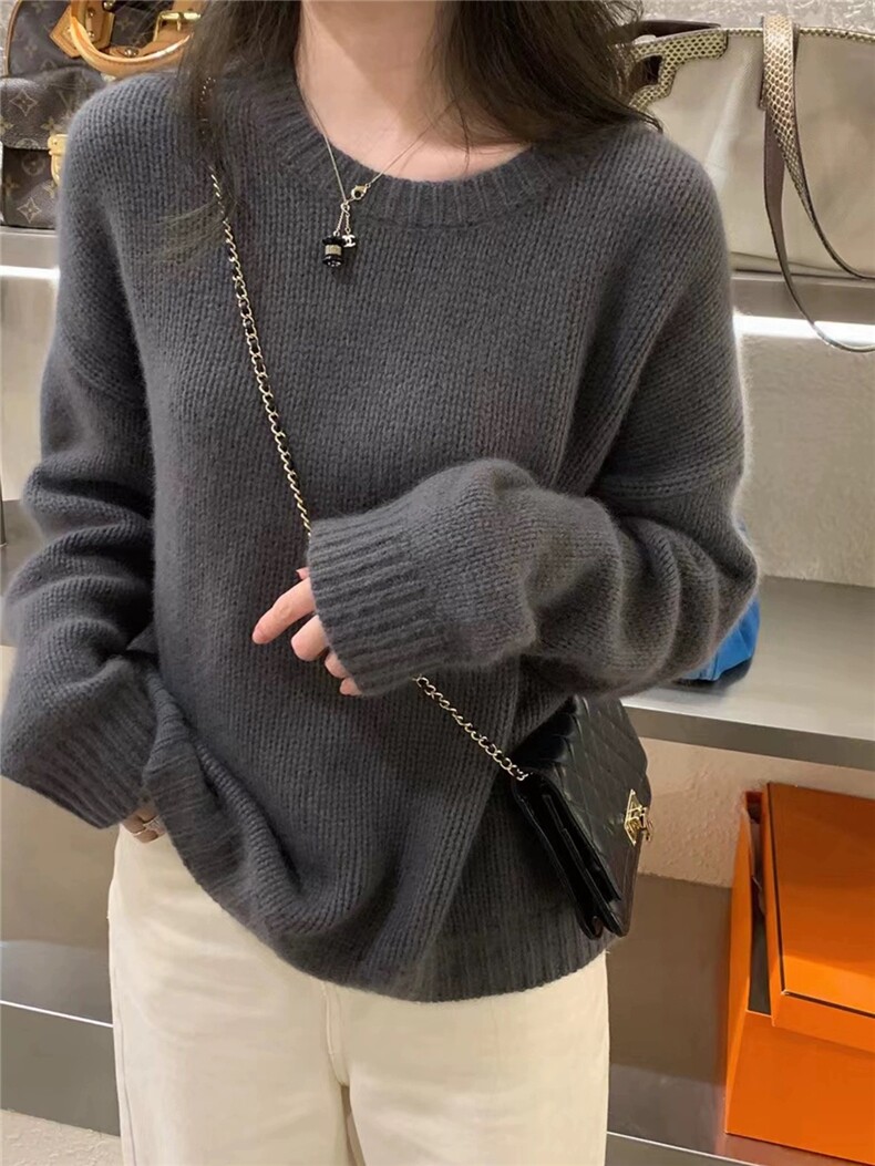 毛衣女新款2024秋冬套头纯色宽松慵懒针织上衣,女装羊毛衫,恩泰羊绒