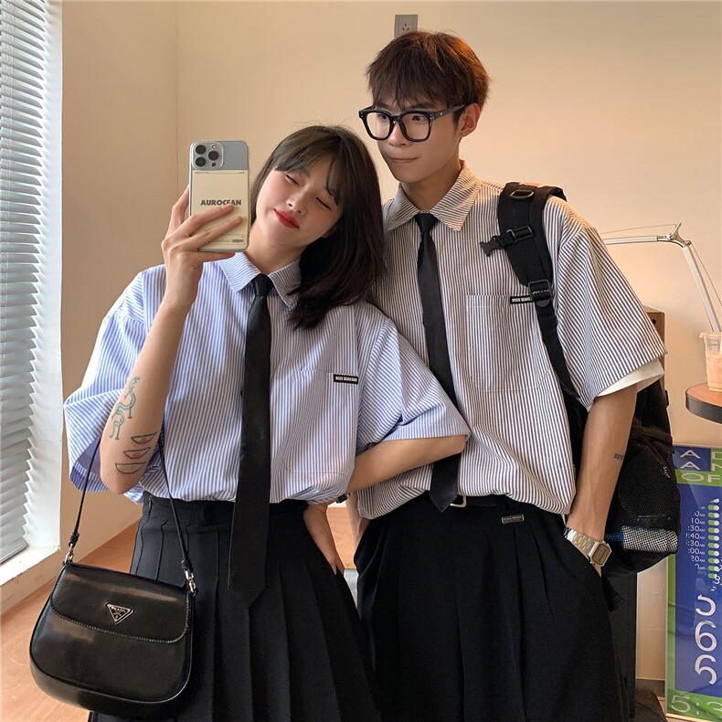 情侣装夏装2026新款短袖衬衫港风男女半袖衬衣团购HK14-P43领带3图片