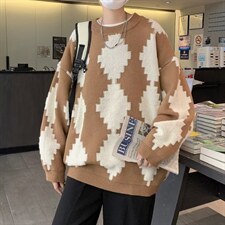 2023秋冬新款菱形格套头毛衣男宽松圆领撞色针织衫M640-P42，男装针织衫/毛衣，星座512-2