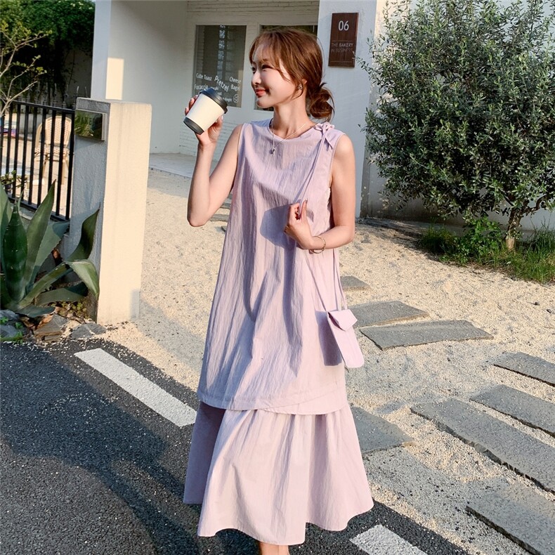 紫色假两件拼接无袖连衣裙女2025年夏季新款慵懒风减龄显瘦背心裙图片