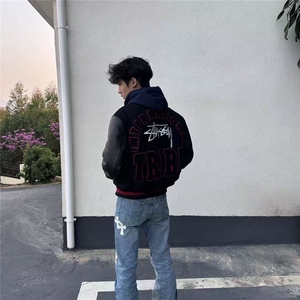 美式潮牌棒球服夹克男潮字母刺绣宽松百搭情侣飞行纽扣外套上衣图片