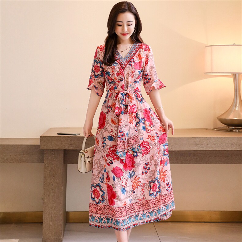 2021年夏季时尚潮流舒适短袖连衣裙休闲宽松优雅,女装连衣裙,贵人树