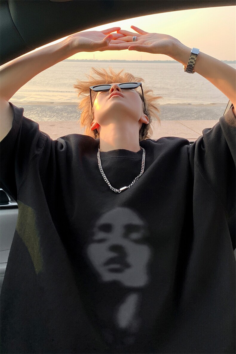 橘橙色字母印花t恤阳光干净男生穿搭纯棉短袖美式hiphop重磅半袖,男装T恤,电商B316