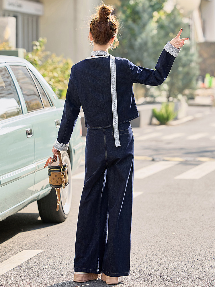 牛仔套装女2025春秋新款时髦气质韩系设计感气质炸街阔腿裤两件套,女装套装/套裙,E百度