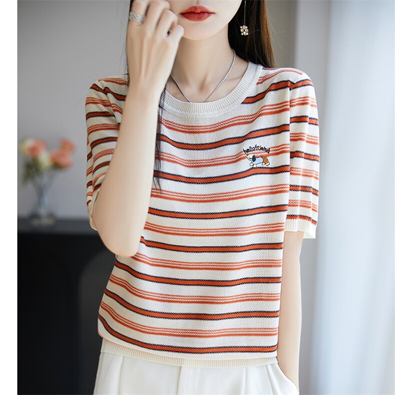 100%莱赛尔天丝针织短袖女圆领条纹刺绣小狗宽松T恤拼色显瘦上衣,女装T恤,郡淞羊绒