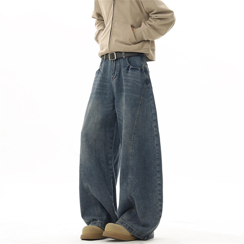 美式拼接拖地牛仔裤男款夏季垂坠感设计潮牌宽松直筒阔腿休闲长裤，男装牛仔裤，电商C303