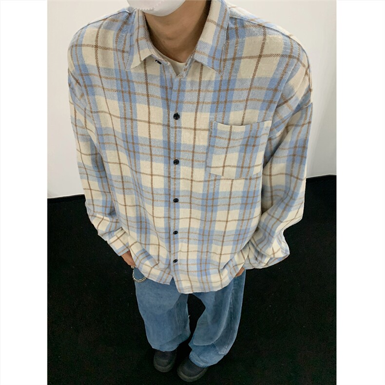 现货~磨毛格子大码长袖衬衫C5895/特P25浅蓝色,男装衬衫,电商A094