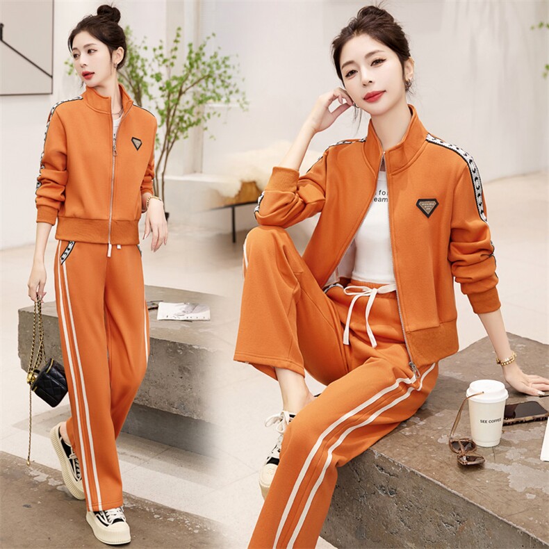 条纹拼色撞色运动2023年秋季新款长袖外套配松紧腰长裤女9937，女装运动套装，然然