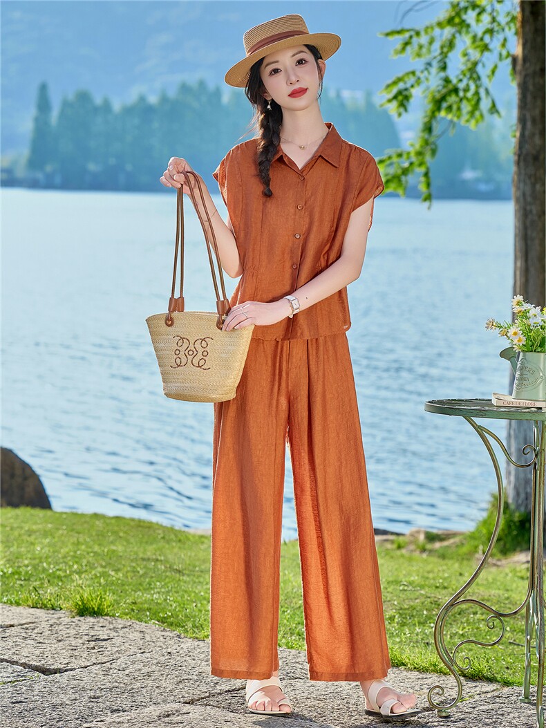 现货纯色天丝提花套装女2026年夏季宽松透气翻领衬衫阔腿裤两件套,女装套装/套裙,鑫鑫格